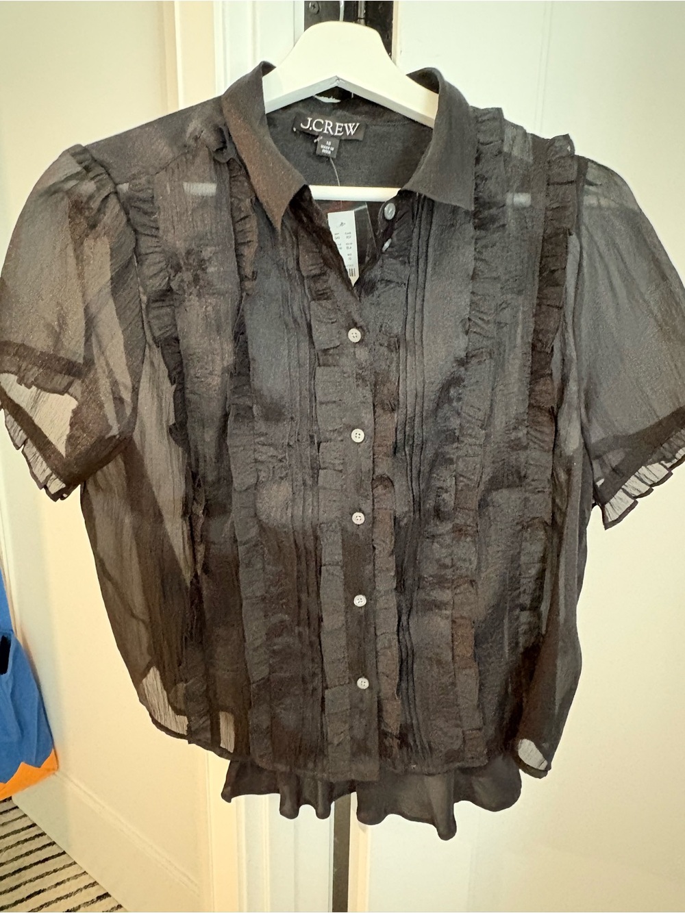 J. Crew Black Sheer Ruffled Pintuck Button-Up Blouse size 10